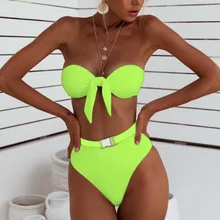 Neon Green Knotted Bandeau Swimsuit Female High Waist Bikini Women Ribbed Swimwear Two-pieces Bikini set 2019 Thong Bathing Suit Neon Green Knotted Bandeau Swimsuit Female High Waist Bikini Women Ribbed Swimwear Two-pieces Bikini set 2019 Thong Bathing Suit