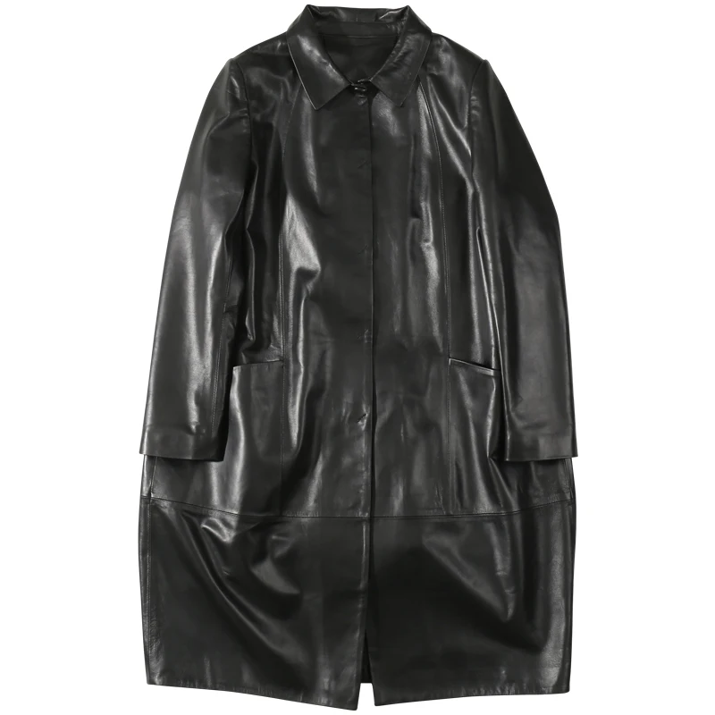 2019 Spring New  Leather Long Section Women's Jacket Korean Version of Loose Sheepskin Trench Coat  Real Fur  Hooded Coats