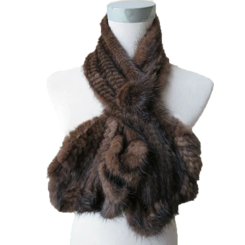 Wraps Women Winter Real Mink knitted Fur Scarf Lady Flouncing Brown