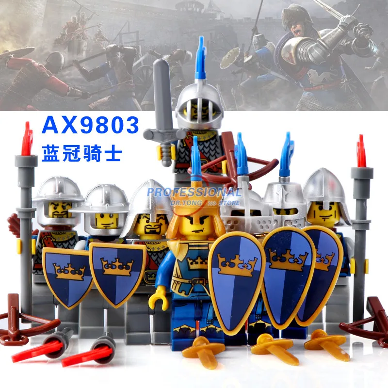 

TR.TONG 8pcs/Lot Blue Crown Kingdom Medieval Castle Knights with Weapons Figures Classic Building Blocks Child Toys