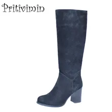 Новинка года; женские замшевые высокие сапоги; модная женская обувь ручной работы на каблуке; теплые зимние сапоги на меху для девочек; botas feminina Pritivimin FN15