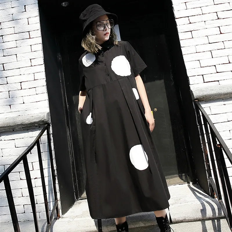 

Women Summer Streetwear Punk Gothic Oversized Loose Dot Print Casual Long Dress Female Short Sleeve Fashion Black Dress Clothes