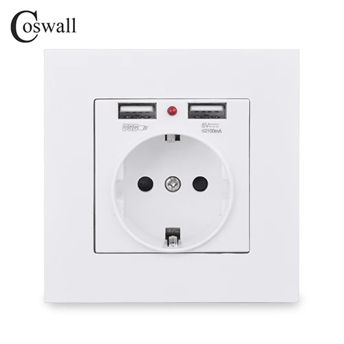 Coswall, двойной usb порт для зарядки, 5 В, 2.1A, светодиодный индикатор, 16A, настенная розетка европейского стандарта, ПК Панель, серый, черный, белый, золотой - Тип: White