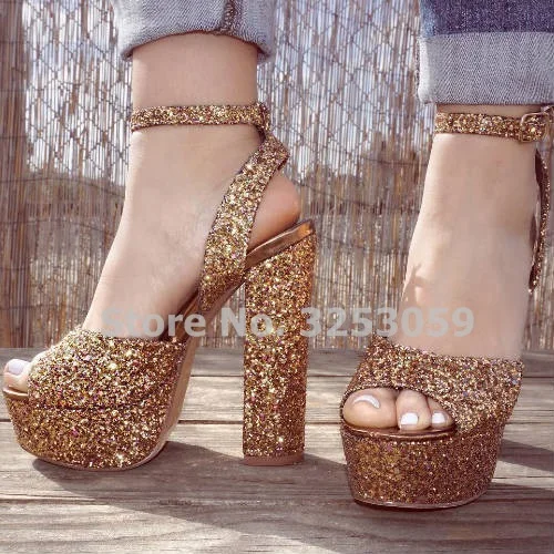 sequin open toe chunky heeled sandals