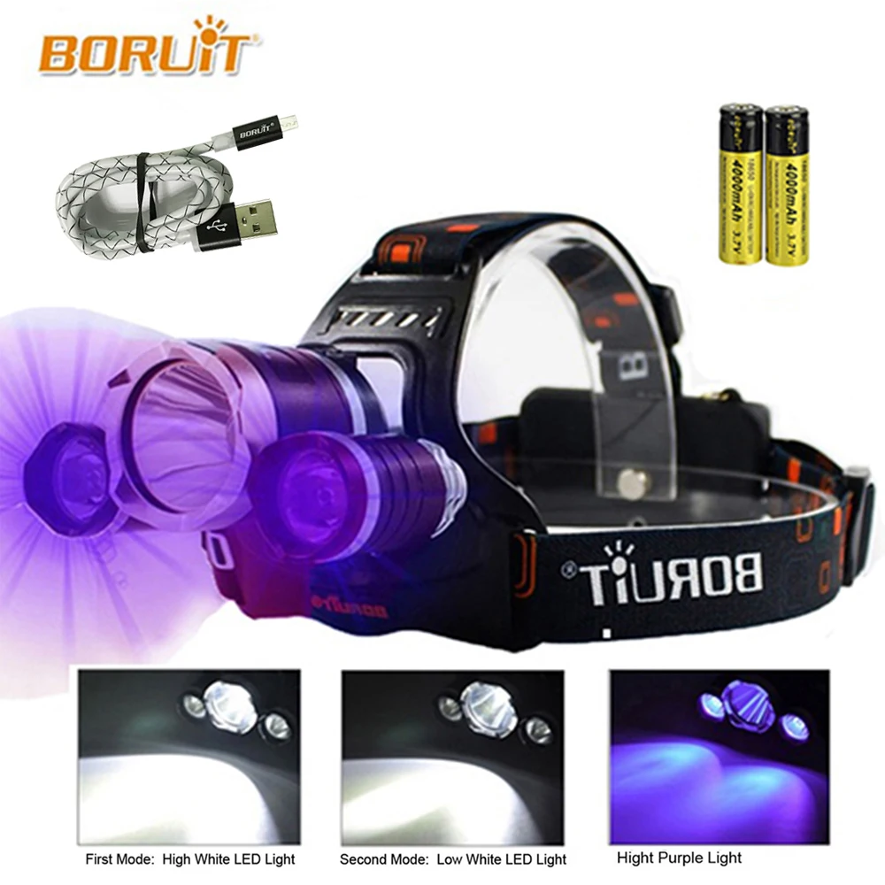 UV Headlamp LED Head Torch with Ultraviolet Light Blacklight Headlight Recharg. 