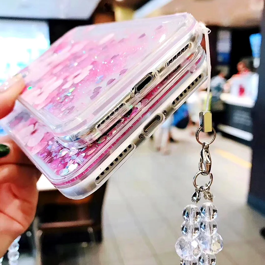 PINK LIPS Luxury Glitter Quicksand Peach blossom Case For iphone  XR X XS Max 6 6S 7 8 Plus Flower Liquid Case With Crystal rope (3)