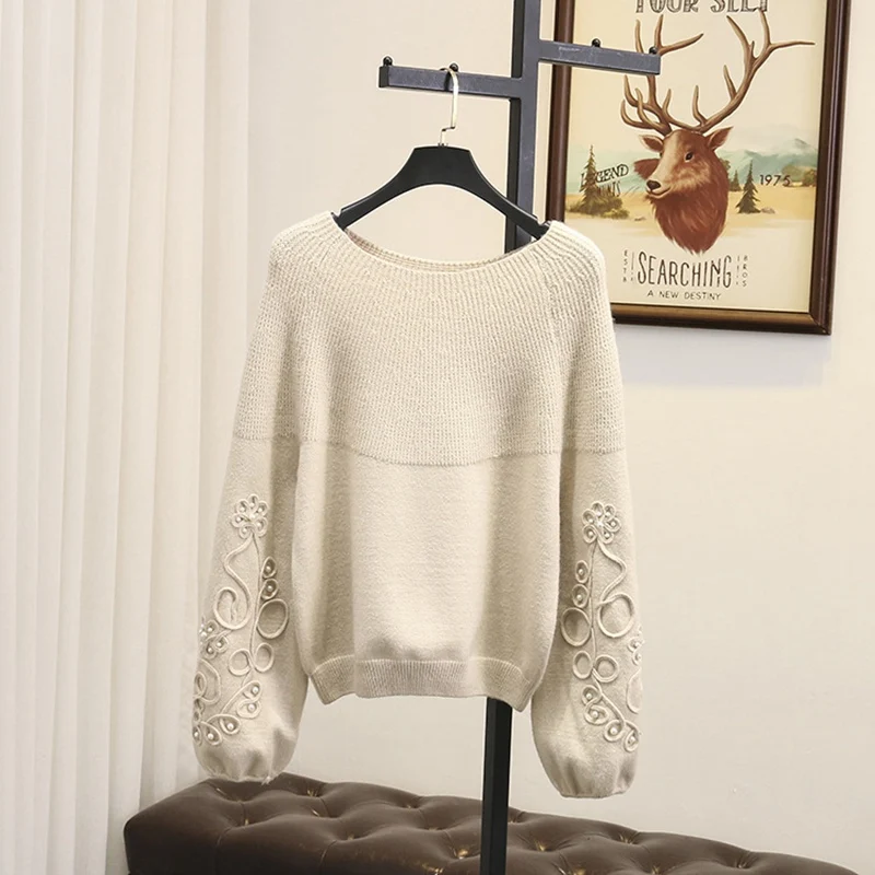 Pearls Women Sweater Plus Size Pullovers Casual O-neck Loose Stretched Long Sleeve Knitted Sweater SWM1230 Pearls Women Sweater Plus Size Pullovers Casual O-neck Loose Stretched Long Sleeve Knitted Sweater SWM1230