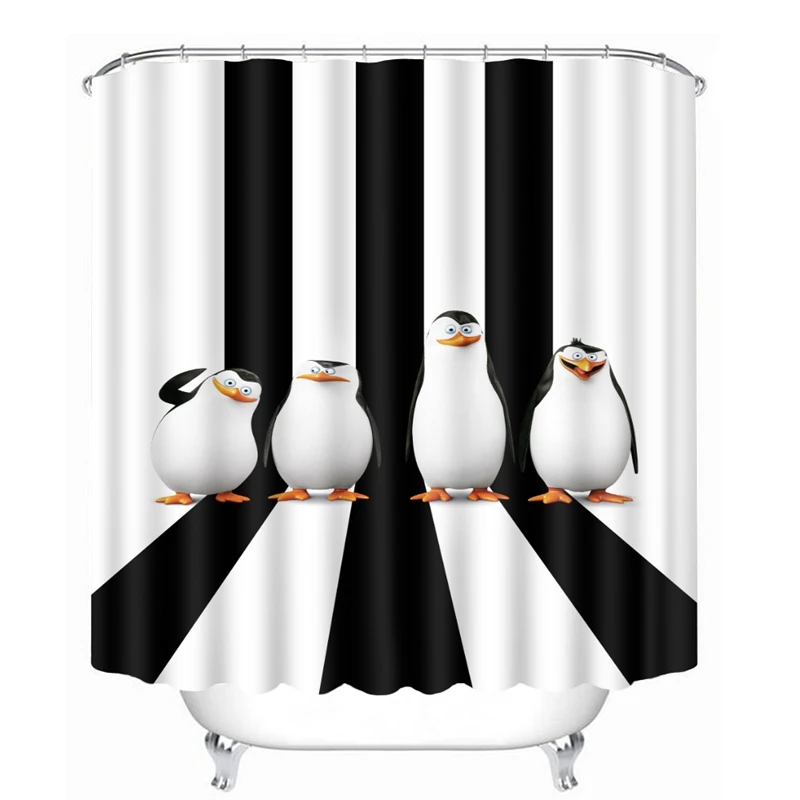 New 3D Shower Curtains 4 Naughty Penguins Printing Waterproof Washable Moisture Mildew Thickened Curtain Bathroom+Hooks