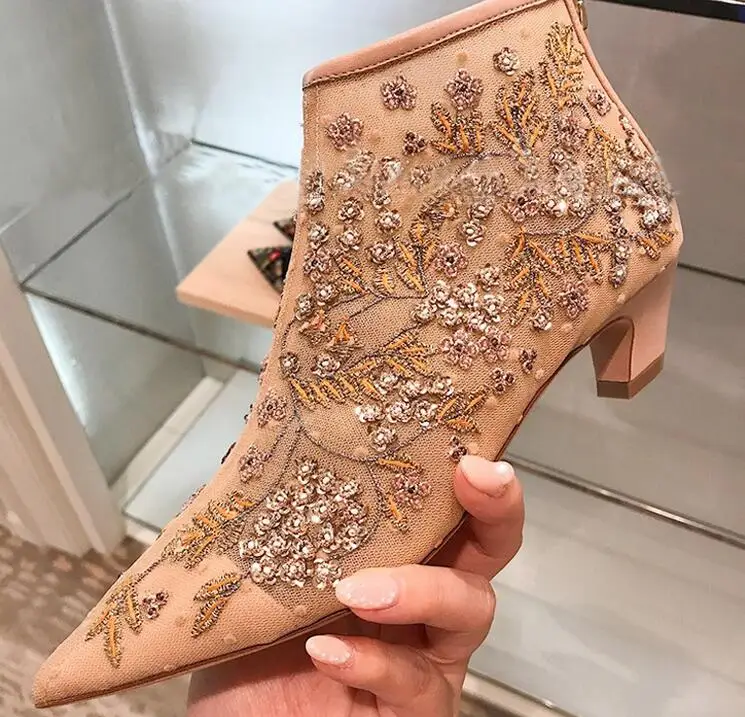 Luxury Gold Embroidery Women Ankle Boots Crystal String Bead Pointed Toe Short Bootie Low Heels