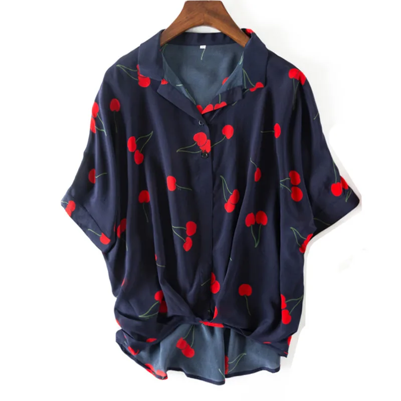 

Vintage Floral Printed Female Silk Blouse 100% Natural Silk Tops and Blouses Women's elegant V neck Short Sleeve Silk Blusas