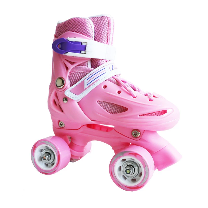 1 زوج الاطفال الأطفال فتاة الوردي مزدوجة خط رباعية مواز الشكل أحذية التزلج على الجليد الأحذية بو 4 عجلات للصدمات مع الفرامل تنفس