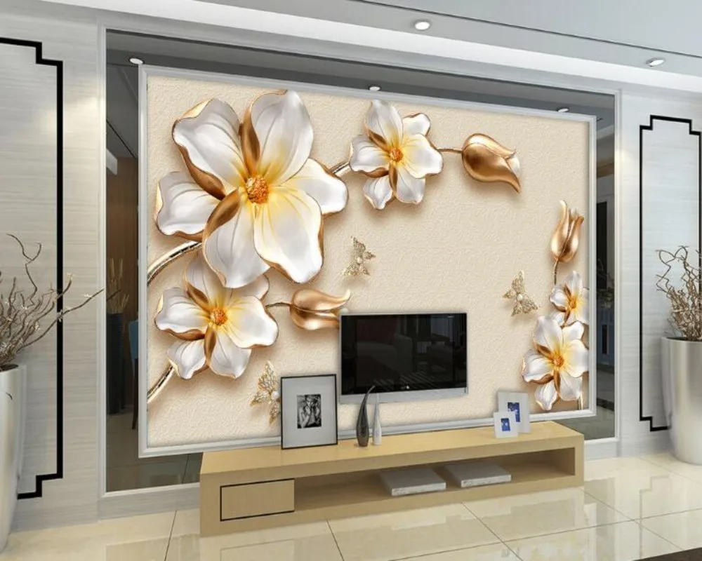 Beibehang 3D Luxury Luxury Golden Flower Jewelry TV Wall Background