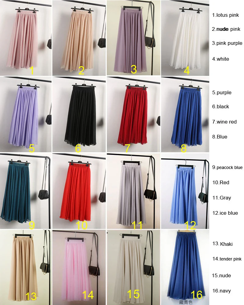 3 Layer Chiffon Long Skirts For Women Elegant Casual High Waist Boho Style Beach Maxi Skirts Saias 80/90/100cm 2021 Spring SK273