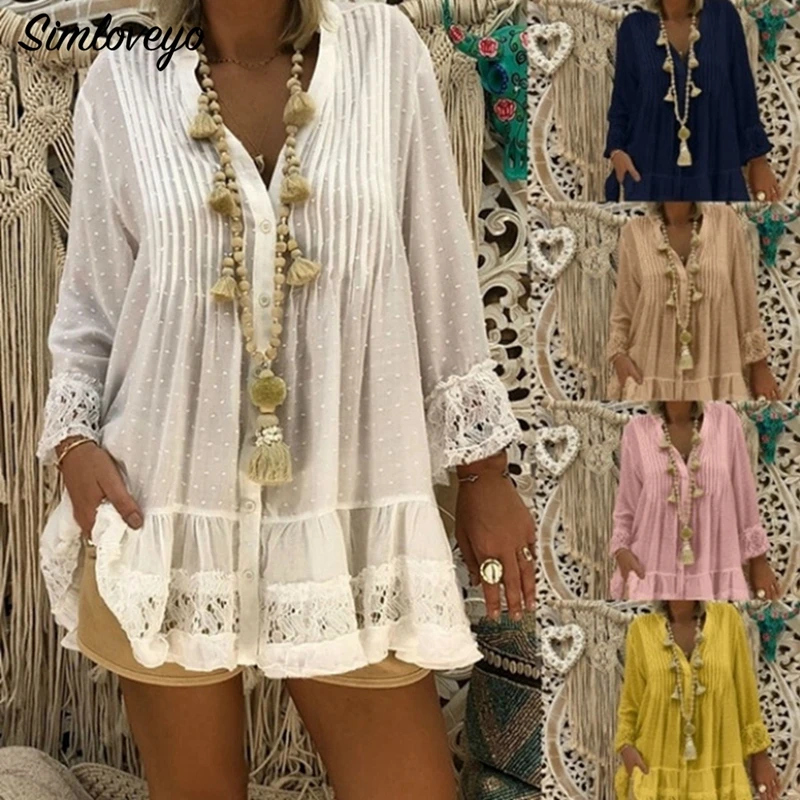 

SIMLOVEYO 2019 Large Size Lace Chiffon Loose Blouse Tops Boho Long Sleeve V-Neck Shirt Female Plus Size 4xl 5xl Dark Blue