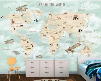 

Custom Children Room Wall 3d Wallpaper Cartoon Airplane Sailing Animals World Map Background Wall 3d wallpaper tapety