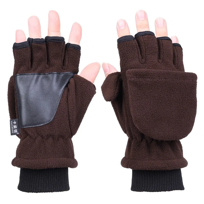 Мужские и женские двухслойные теплые перчатки с сенсорным экраном на пол пальца для велоспорта, катания на лыжах, сноуборде, Утепленные перчатки, Нескользящие перчатки для рыбалки, зимние варежки - Цвет: Coffee