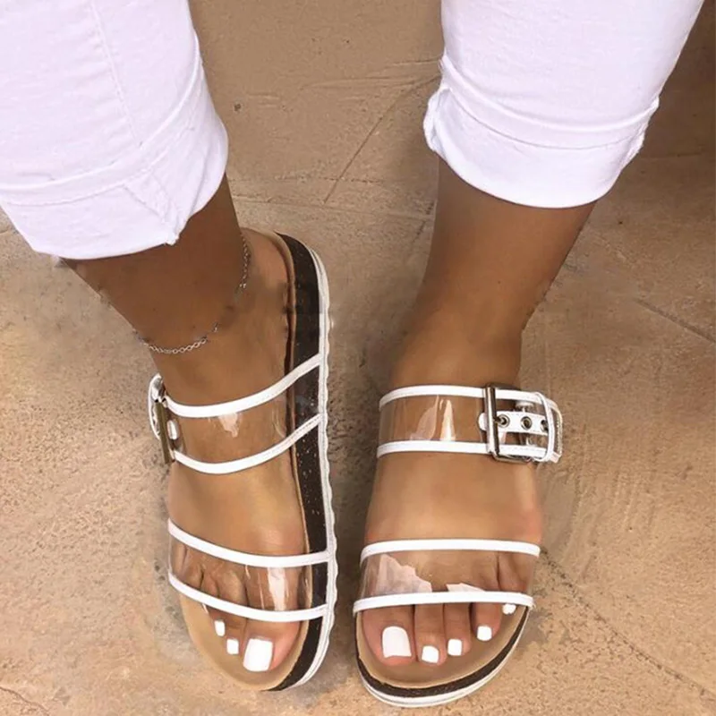 

Women Slippers Summer Transparent Flat Jelly Slides Female Open Toe Buckle Strap Flip Flops Outdoor Sandals Slip On Beach Shoes