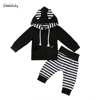 

0-24M Newborn Baby Boy Girl Long Sleeve Bunny Ear Hooded Tops Striped Long Pant Trouser 2PCS Outfit Baby Clothes Set