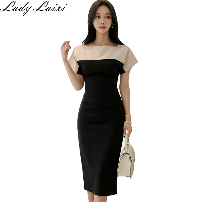 

2019 Women black Dresses Slim Workwear Contrast color Patchwork Office Lady Round Neck Elegant Female Dress Summer Clothing