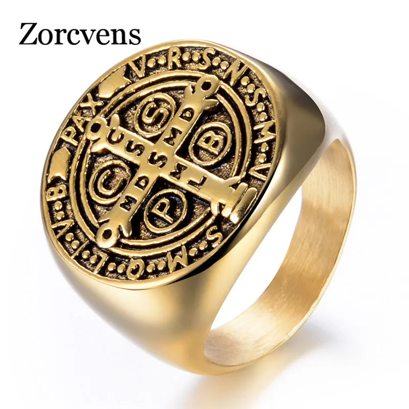 

ZORCVENS 2019 New Fashion Punk Vintage Gold Color Stainless Steel Cool Cross Ring for Men Gift