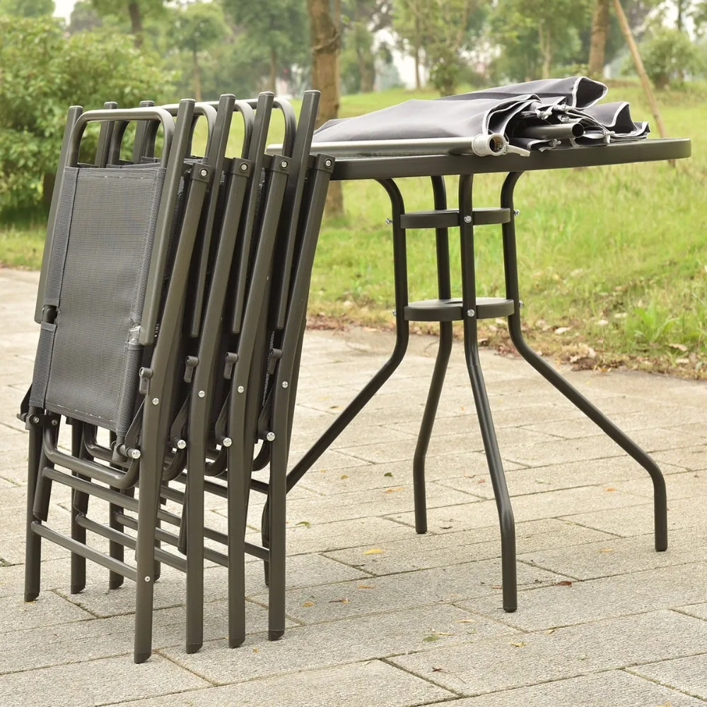 6 PCS Patio Garden Set Furniture 4 Folding Chairs Table with Umbrella Gray New HW52116