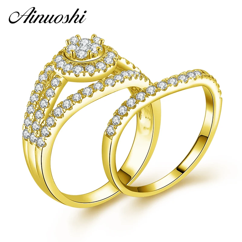 

AINUOSHI 10k Solid Yellow Gold Bridal Ring Set Round Cut Top SONA Diamond Woman Engagement Wedding Halo Ring Set Jewelry Gift
