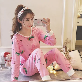 

Hot Sale 2018 Spring Women Girl Cotton Pajama Sets Cartoon Lovely Sleepwear Pajamas for Women Long-Sleeved Tracksuit