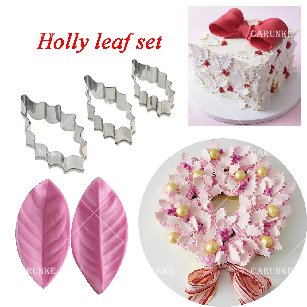 

Holly leaf Silicone Veiner & Cutter Christmas leaf Cake Decorating Moulds Fondant Sugarcraft Stainless Steel Cutter and veiner