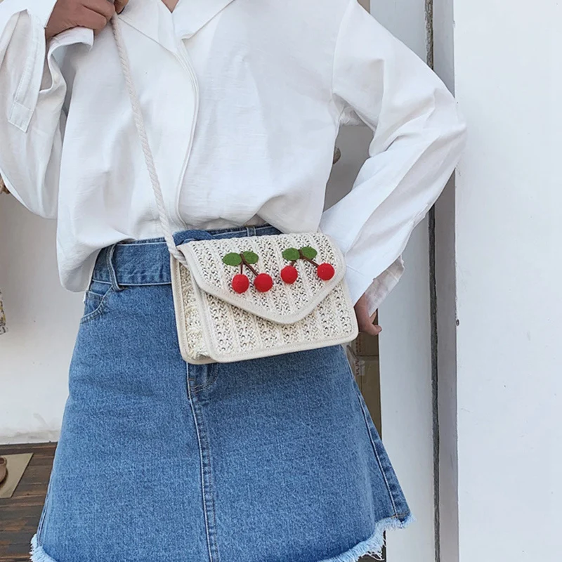 

Cherry Crossbody Bags For Women Summer Mini Straw Beach Tote Messenger Crossbody Shoulder Bag