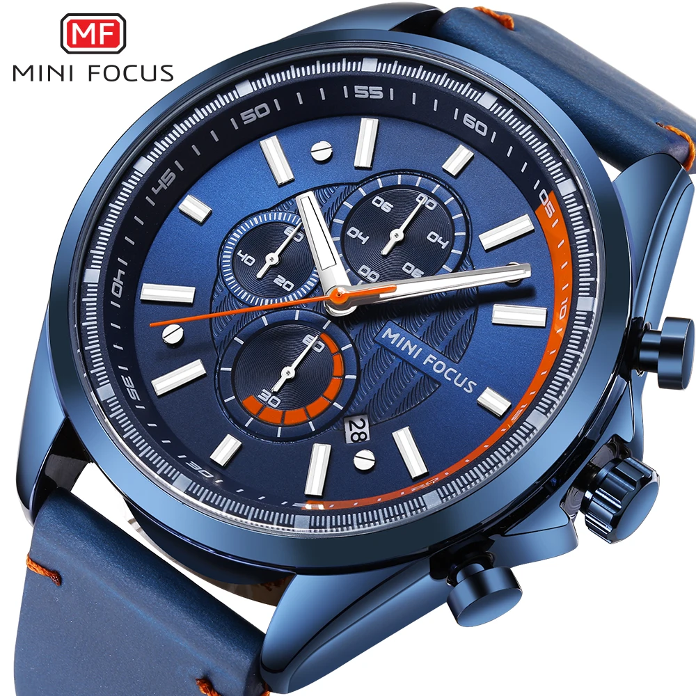 

MINI FOCUS Luxury Brand Men Chronograph Quartz Watch Men Sports Watches Male Army Military Leather Strap Wrist Watch Blue Clock