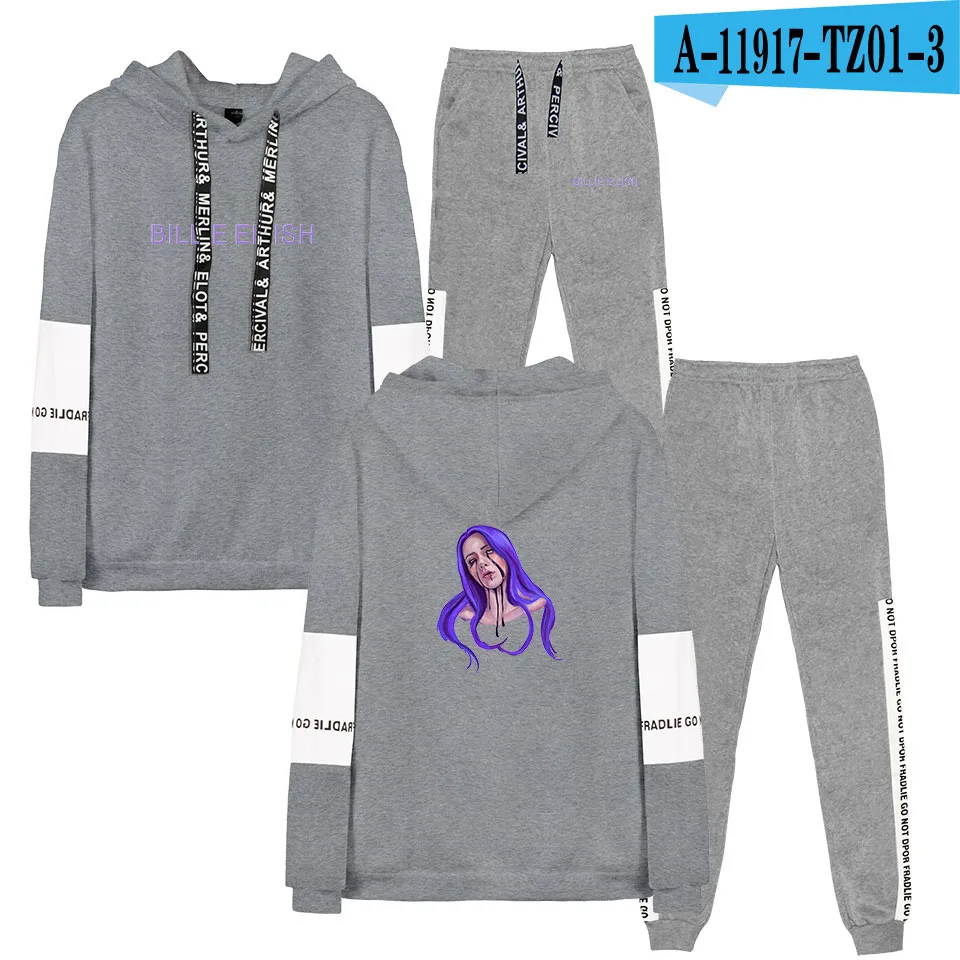 Billie Eilish Женский комплект 2 шт. толстовки в стиле хип-хоп толстовки Harajuku унисекс модный крутой Повседневный Спортивный костюм с капюшоном - Цвет: gray