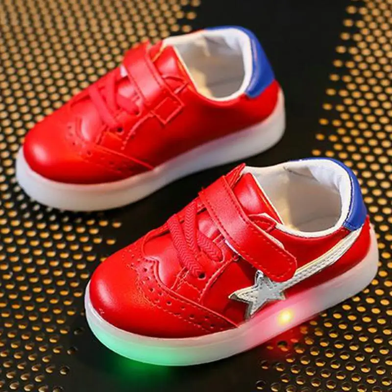 

HaoChengJiaDe Luminous sneakers 2018 Fashion Five-pointed Star Leather Surface Waterproof Comfortable Soft-bottom Boys Girls Led