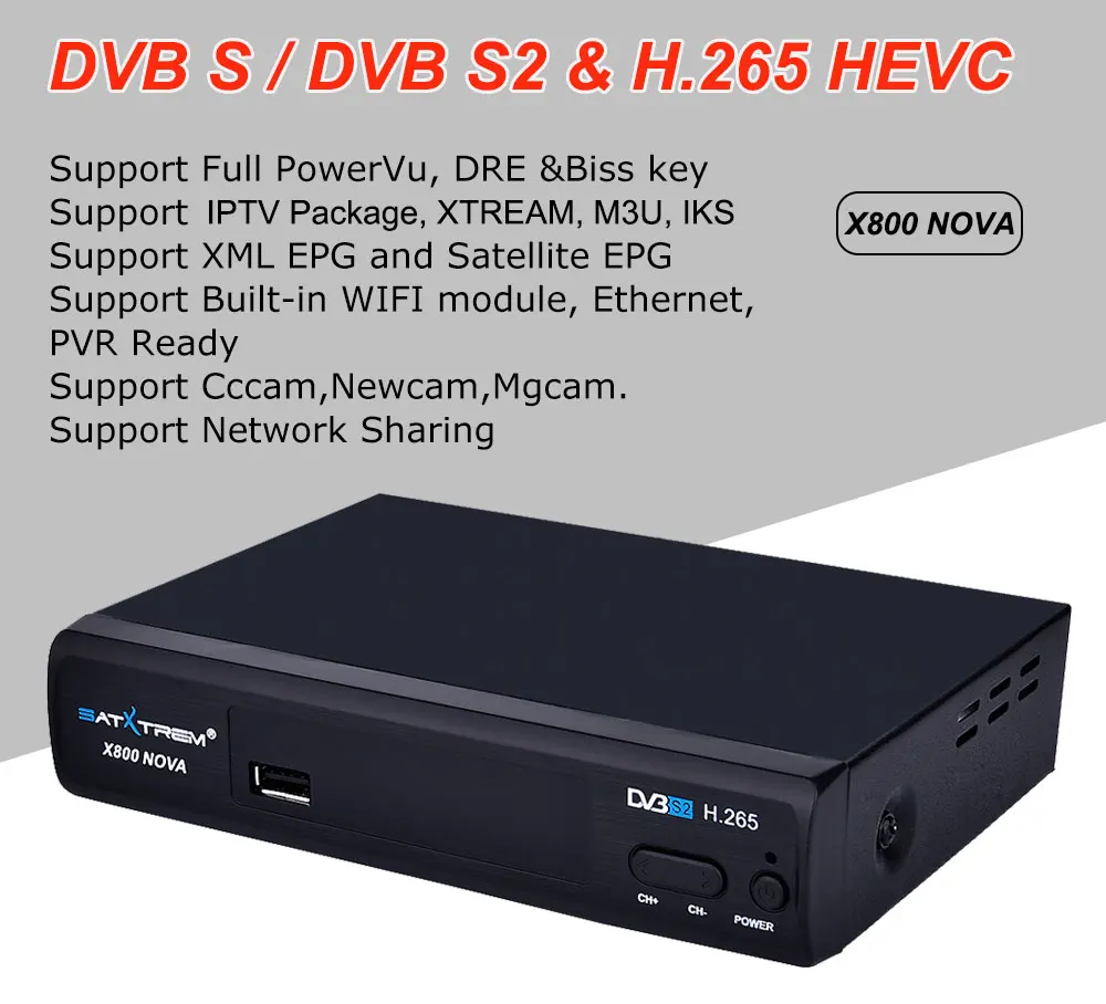 Satxtrem X800 NOVA Receptor DVB-S2 H.265 спутниковый ТВ-ресивер бесплатно 1 год Европа 8 линий Clines+ USB wifi Поддержка IP tv/Youtube