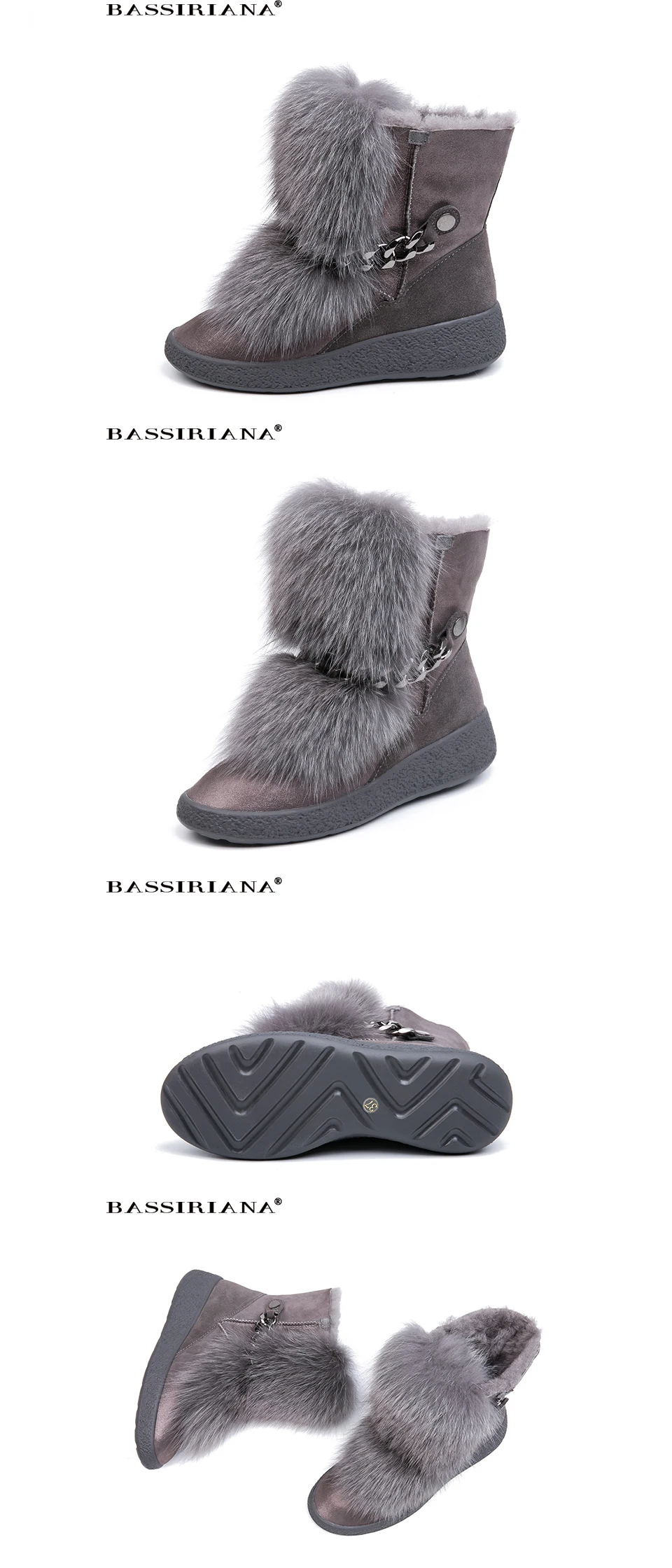 BASSIRIANA new winter gray and black natural fur warm snow boots women's boots round head 35-40 size