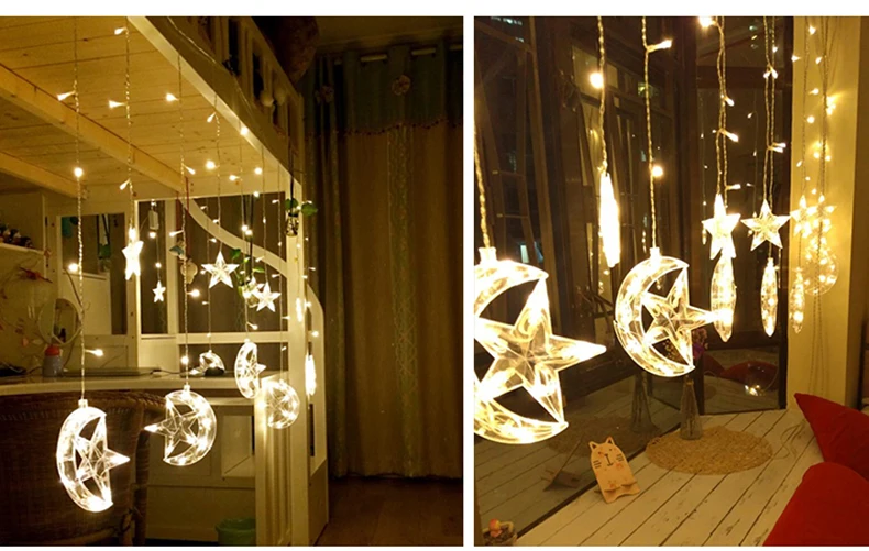 Ficha de Natal Estrela e Lua Decoração para Festa de Casamento Levou Cortinas Luzes Indoor - Outdoor Luz Férias 2.5 m 220 v ue 4 christmas led star