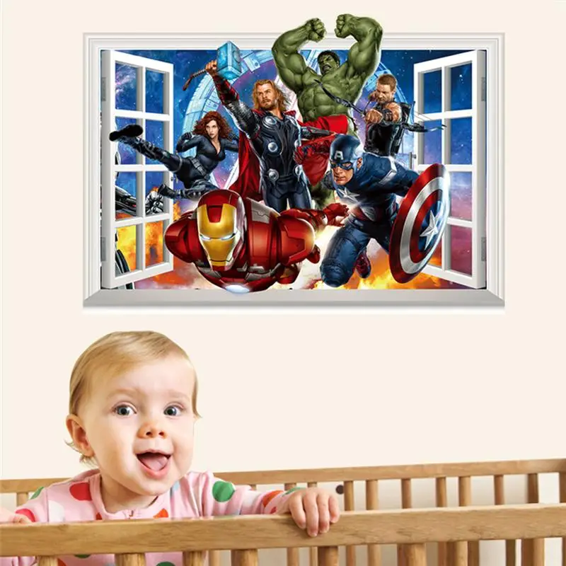Мстители разбитая стена 3D Наклейка на окно Съемная графическая Наклейка на стену для детей детская спальня мальчики подарок плакат Декор