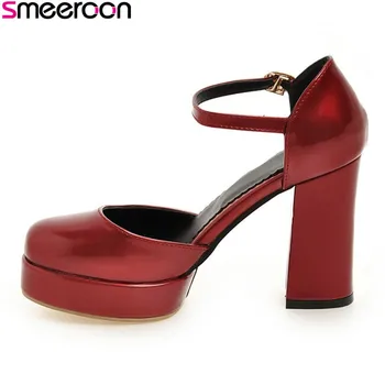 

Smeeroon 2018 new style spring autumn fashion extreme high heels square heels round toe platform with buckle casual women shoes
