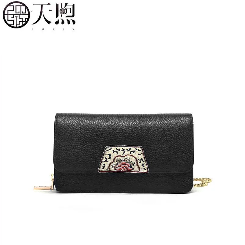 

PMSIX 2019 New women Genuine Leather bag fashion Cow Material Luxury embroidery clutch bag shoulder crossbody bag for women
