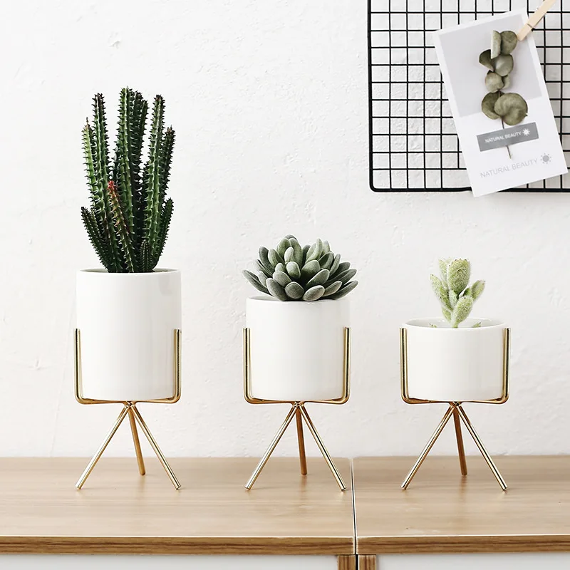 

Dropshipping Nordic Style Flower Pot with iron frame Plant Pot Ceramic Bonsai Pots,Creative 3 Size Green Plant Flower Pot Holder