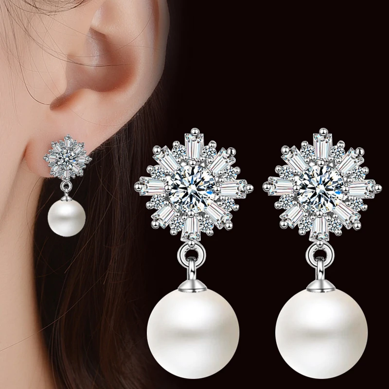 Zircon stones clear earring stud dangle white pearl ear jewelry