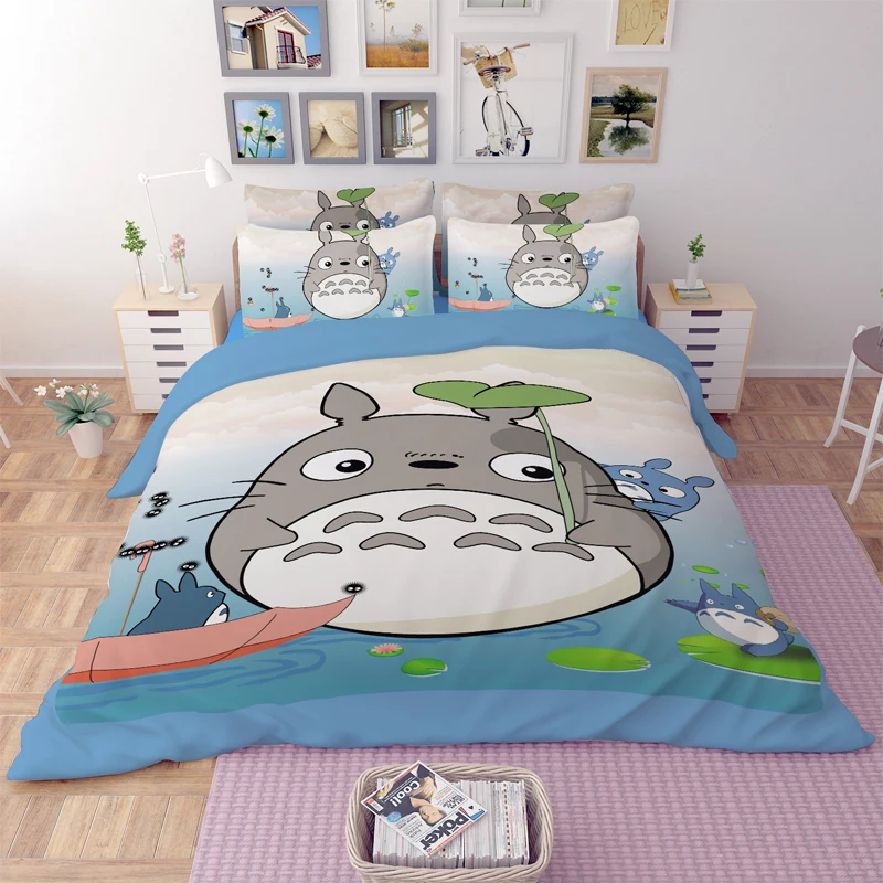Cartoon Totoro 3 Pieces Cotton Bedding Sets Bed Fitted Flat Sheet Set
