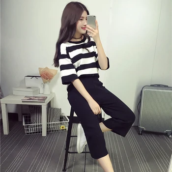 

2 Piece Set Women Short Sleeves Wide Legs Pants Stripe Short Crop Top Elastic Waist Summer Ladies Female Suit