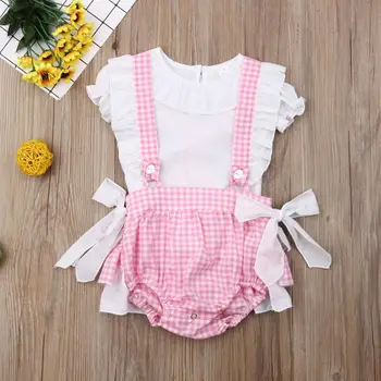 

Baby Outfits 2019 Summer Infant Baby Girls Short Sleeve Solid T-shirt Tops+Plaids Shorts Overalls 2PCS Set Baby Clothing Suit