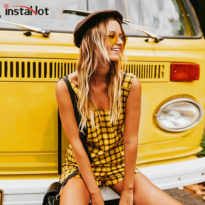 

InstaHot Yellow Plaid Pockets Backless Playsuits Women 2018 Summer Fashion Shorts Overalls Rompers Loose Casual Popular Clothing