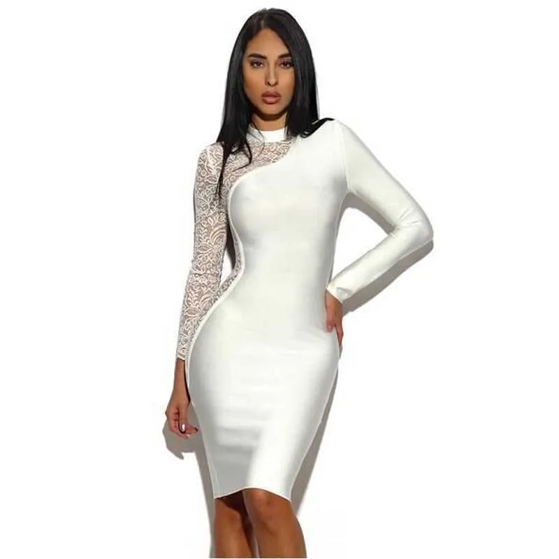 New bandage dress White long sleeves Stylish and elegant Stretch tight celebrity Cocktail party bandage dress (H1821) long-white-lace-dress