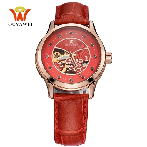 OYW модные женские часы механические Автоматические Движения скелет женский кожаный ремешок для наручных часов механические часы леди Relogio - Цвет: Red