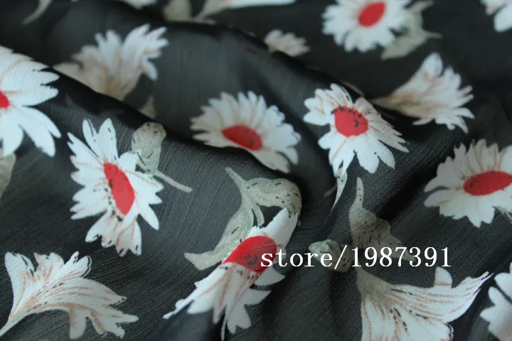 

150cm width Chiffon crepe fabric chrysanthemum pattern black background can see through for skirt suit-dress headband CH-7715