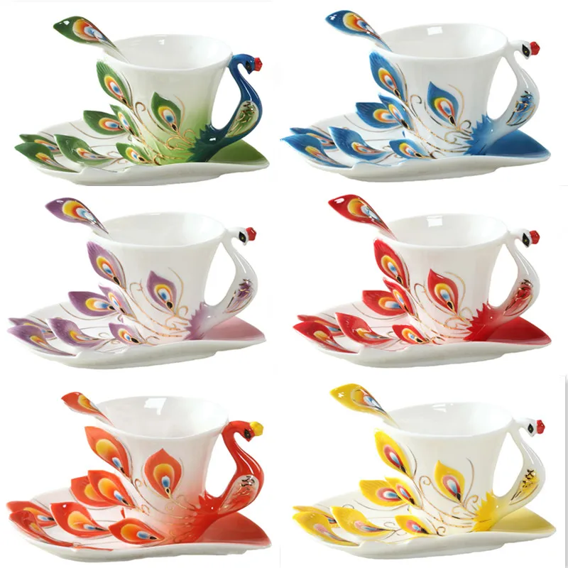 

Colored Enamel 3D Peacock Coffee Mug Cup Creative Tea Milk Copo Bone China Porcelain Drinkware Friend Gift