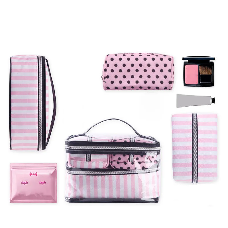 جديد الكورية النسخة 4 قطعة شفافة حقيبة مستحضرات تجميل من البلاستيك المرأة الوردي سفر منظم حقيبة مستحضرات التجميل الجمال حقائب مكياج شحن مجان...