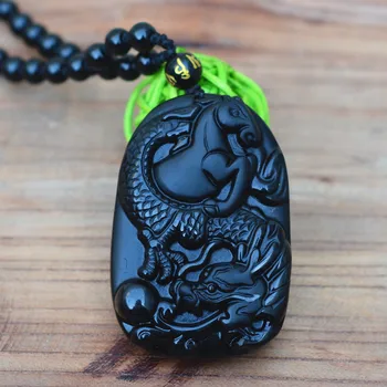 

Hot Style Natural Black Obsidian Stone Pendant Carved Chinese Dragon Horse Zodiac Dragon Horse Necklace Pendant Men Jewelry